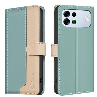  BINFEN COLOR for Oppo A7 Pro Max 5G Leather Case Splicing Color RFID Blocking Wallet Stand Phone Cover - Green