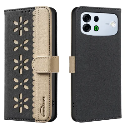  BINFEN COLOR for Oppo A7 Pro Max 5G BF36 Leather Case Floral Pattern Phone Cover RFID Blocking Wallet Stand - Black