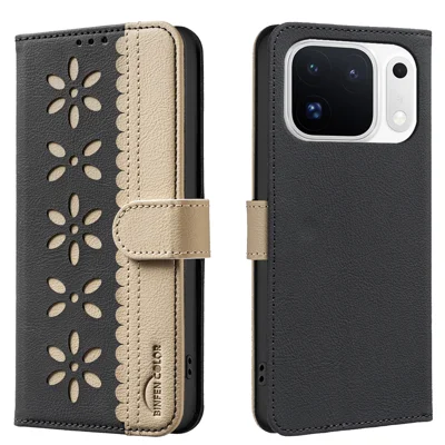  BINFEN COLOR for Oppo Find X10 Pro Max 5G BF36 Leather Case Floral Pattern Phone Cover RFID Blocking Wallet Stand - Black