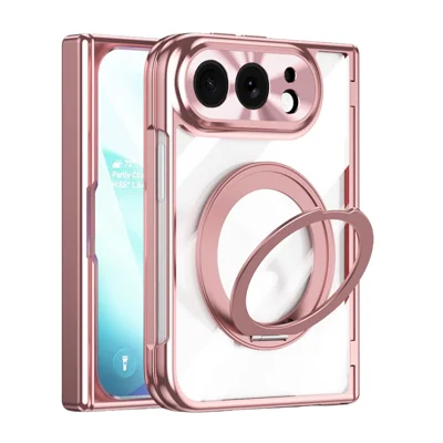 For iPhone Duo Magnetic Case Rotating Kickstand 90-Degree Hinge PC Electroplated Phone Cover with Tempered Glass Film - Rose Gold