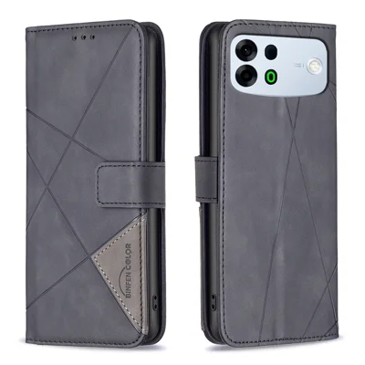  BINFEN COLOR for Oppo A7 Pro Max 5G Phone Case Wallet Stand Geometry Imprinted Leather Cover - Black