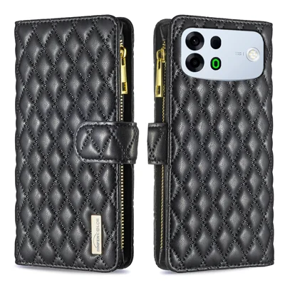  BINFEN COLOR for Oppo A7 Pro Max 5G BF Style-15 Leather Case Zipper Pocket Rhombus Phone Cover - Black