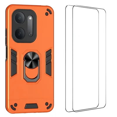 WANLONFENG لسلسلة Xiaomi Redmi 17C 5G YS غطاء هاتف مقاوم للصدمات مع حامل دائري قابل للدوران 360 درجة وغطاء شاشة من الزجاج المقوى 2 قطعة - برتقالي