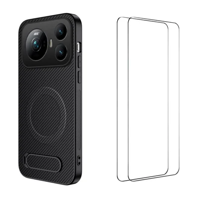  WANLONFENG для Honor Magic9 5G QT1 Серия магнитных чехлов с 2 шт. пленками из закаленного стекла, подставка, текстура углеродного волокна, чехол из ПК и ТПУ - Черный