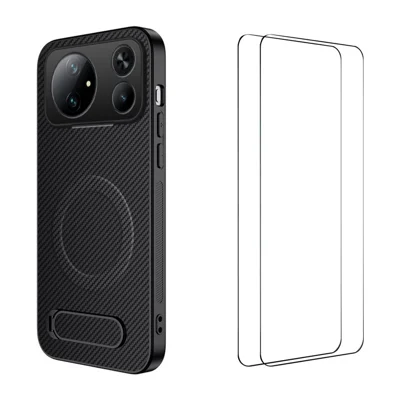 WANLONFENG для Honor Magic9 Super Edition 5G QT1 Серия магнитные чехлы с 2 шт. пленками из закаленного стекла, подставка, текстура углеродного волокна, чехол из поликарбоната и ТПУ - Черный