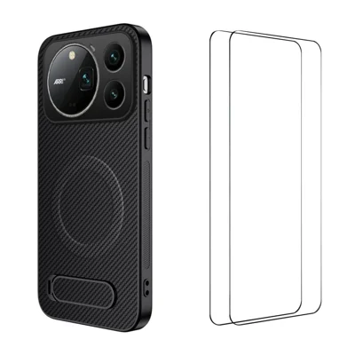 WANLONFENG para Honor Magic9 Pro Max 5G QT1 Series Capa Magnética com 2 Unidades de Películas de Vidro Temperado Capa com Suporte Dobrável Textura de Fibra de Carbono PC TPU - Preto