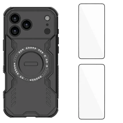 WANLONFENG لجهاز iPhone 18 Pro Max غطاء مغناطيسي سلسلة DJ غطاء هاتف من PC وTPU مع فيلم زجاج مقسّى 2 قطعة - أسود