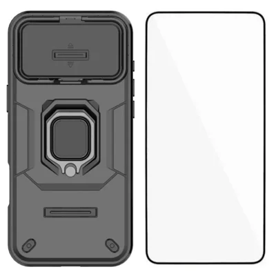  WANLONFENG for iPhone 18 Pro ZDX Series Case PC TPU Kickstand Phone Back Case with Lens Cover + Tempered Glass - Black