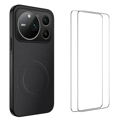 WANLONFENG para Honor Magic9 Pro Max 5G TQ1 Series Capa Magnética Textura Fibra de Carbono PC TPU Capa para Telemóvel com 2 Unidades Películas de Ecrã - Preto