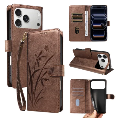  For iPhone 17 Pro / iPhone 18 Pro Wallet Case Orchid Butterfly Imprinted Pattern Flip Stand Leather Phone Cover with Wrist Strap - Brown