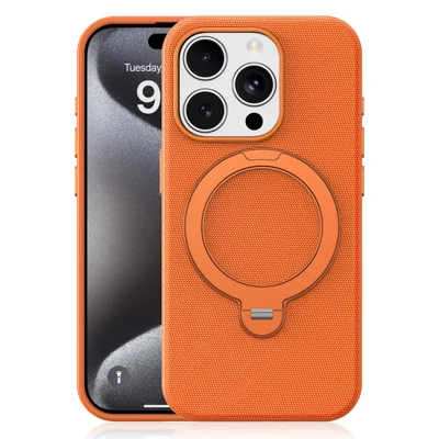 For iPhone 15 Pro Case Magnetic Rotating Kickstand Tech Fabric TPU Protective Cover - Orange