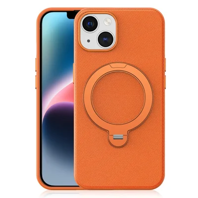 For iPhone 14 / 13 Case Magnetic Rotating Kickstand Tech Fabric TPU Protective Cover - Orange