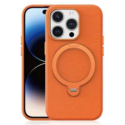 For iPhone 14 Pro Case Magnetic Rotating Kickstand Tech Fabric TPU Protective Cover - Orange