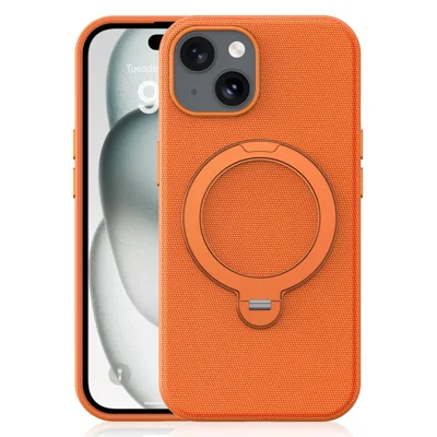 For iPhone 15 Case Magnetic Rotating Kickstand Tech Fabric TPU Protective Cover - Orange