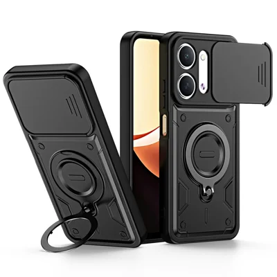 For Xiaomi Redmi 17C 5G Case with Slide Lens Cover Rotatable Kickstand Shockproof TPU + PC Phone Shell - Black