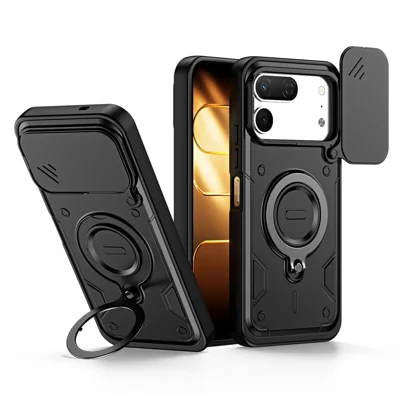 Für TECNO Spark 50 Pro 4G Hülle mit schiebbarer Objektivabdeckung, drehbarem Ständer, stoßfestem TPU + PC-Handy-Schale - Schwarz