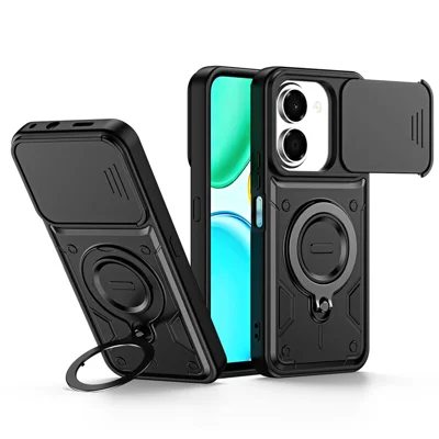 Capa para Honor X7e 4G / X6e 4G com Tampa de Lente Deslizante, Suporte Giratório, Capa de Telemóvel Resistente a Choques em TPU + PC - Preto