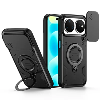 For Huawei nova 16 Pro 5G Case with Slide Lens Cover Rotatable Kickstand Shockproof TPU + PC Phone Shell - Black