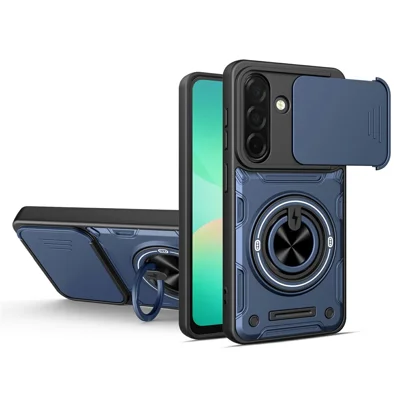 For Samsung Galaxy S27 Magnetic Case Sliding Camera Cover TPU+PC Phone Cover with Rotating Kickstand - Sapphire