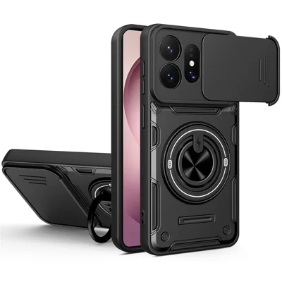 For Samsung Galaxy S27 Ultra Magnetic Case Sliding Camera Cover TPU+PC Phone Cover with Rotating Kickstand - Black