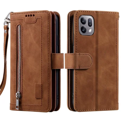 Étui pour Oppo Find X10 E 5G, étui portefeuille en cuir PU avec 9 emplacements pour cartes, poche à fermeture éclair, dragonne - Brun