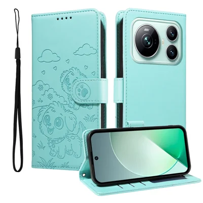  For Honor Magic9 5G Case RFID Blocking Imprinted Dog Pattern PU Leather Phone Cover with Wrist Strap - Green