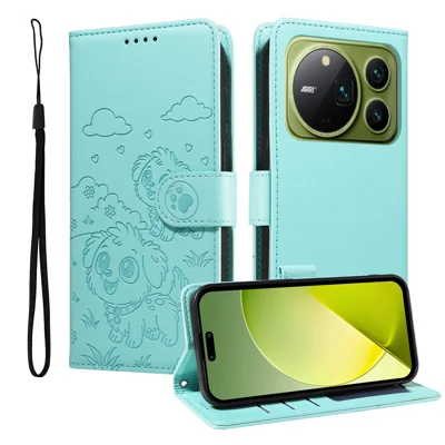 For Honor Magic9 Pro Max 5G Case RFID Blocking Imprinted Dog Pattern PU Leather Phone Cover with Wrist Strap - Green