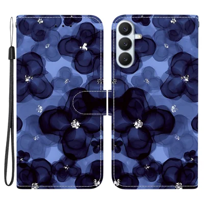 For Samsung Galaxy S27 Wallet Case Pattern Printing Leather Stand Phone Cover with Strap - Ink Blue Flower