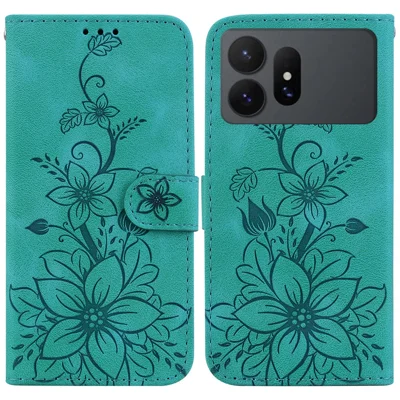 For Samsung Galaxy S27 Ultra Stand Case Lily Flower Imprint Leather Phone Cover with Wrist Strap - Green