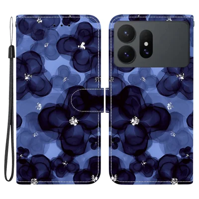 For Samsung Galaxy S27 Ultra Wallet Case Pattern Printing Leather Stand Phone Cover with Strap - Ink Blue Flower