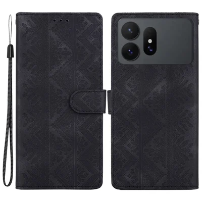 For Samsung Galaxy S27 Ultra Wallet Case Imprinted Ethnic Pattern Leather Phone Cover with Wrist Strap - Black