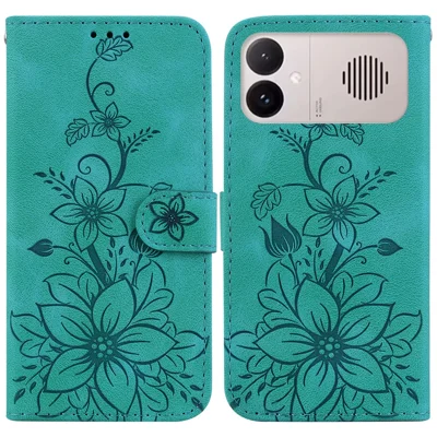 For Xiaomi Redmi K90 Max 5G / K90 Ultra 5G Stand Case Lily Flower Imprint Leather Phone Cover with Wrist Strap - Green
