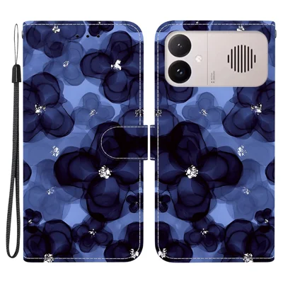 For Xiaomi Redmi K90 Max 5G / K90 Ultra 5G Wallet Case Pattern Printing Leather Stand Phone Cover with Strap - Ink Blue Flower