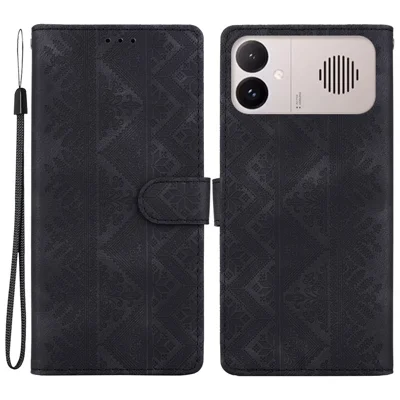 For Xiaomi Redmi K90 Max 5G / K90 Ultra 5G Wallet Case Imprinted Ethnic Pattern Leather Phone Cover with Wrist Strap - Black