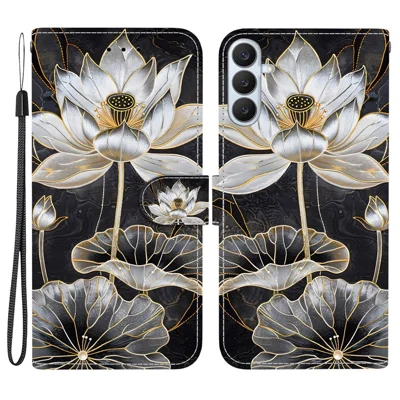 For Samsung Galaxy S27 Wallet Case Flip Stand Pattern Printing PU Leather Phone Cover with Wrist Strap - Gold Ink Lotus