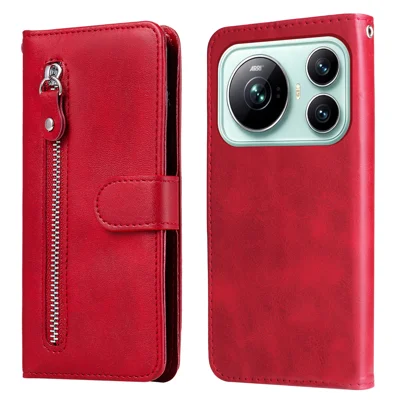  For Honor Magic9 5G PU Leather Cases with Zipper Pocket Wallet Phone Cover Stand - Red