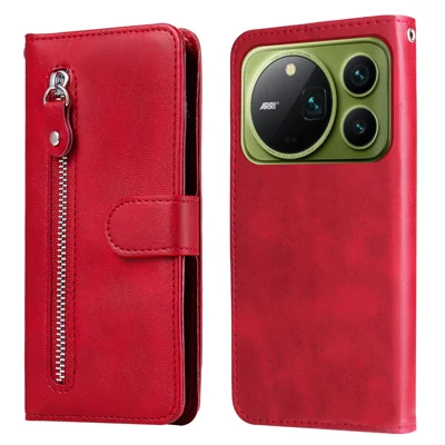  For Honor Magic9 Pro Max 5G PU Leather Cases with Zipper Pocket Wallet Phone Cover Stand - Red