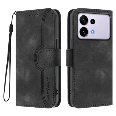  For Samsung Galaxy S27 Ultra Leather Case Wallet Stand Smile Imprinted Phone Cover with Strap - Black