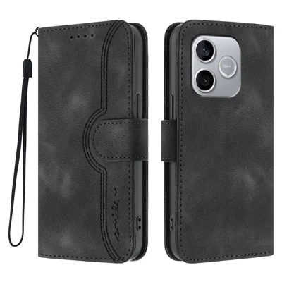  For Honor 500 Smart 5G / Honor 600 Lite 5G Leather Case Wallet Stand Smile Imprinted Phone Cover with Strap - Black