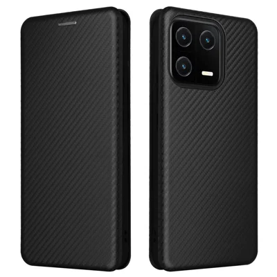 Schockfeste Handyhülle für Xiaomi 13 5G mit Kohlefaserstruktur, magnetischem PU-Leder, Kratzschutz und Kartenfach - Schwarz