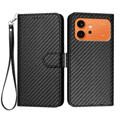  For Honor 600 5G Wallet Case with Strap Carbon Fiber Texture Leather Mobile Cover - Black