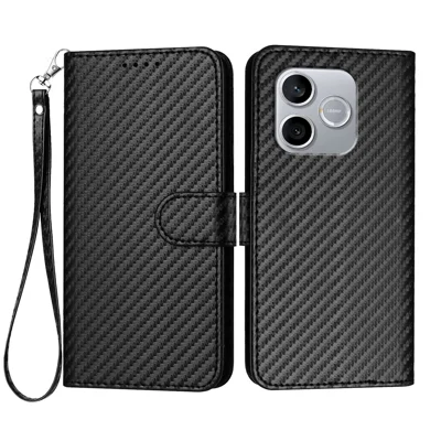  For Honor 500 Smart 5G / Honor 600 Lite 5G Wallet Case with Strap Carbon Fiber Texture Leather Mobile Cover - Black