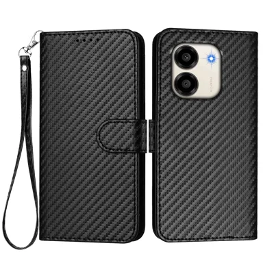 Capa Carteira com Alça para Honor X6e 4G / Honor Play 80 Plus 5G / Honor X7e 4G, Capa para Telemóvel em Pele com Textura de Fibra de Carbono - Preto