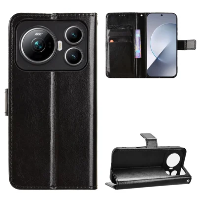  For Honor Magic9 5G PU Leather Case with Strap Crazy Horse Texture Phone Wallet Cover - Black