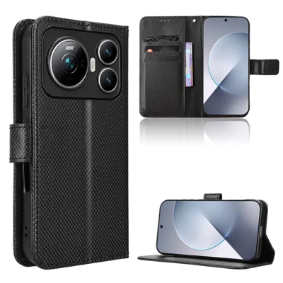  For Honor Magic9 5G Leather Wallet Case with Strap Diamond Texture Phone Cover - Black