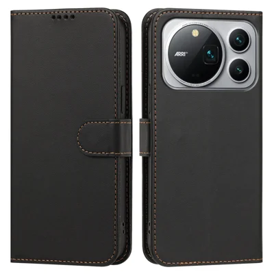  For Honor Magic9 Pro Max 5G Leather Case Wallet Stand Solid Color Anti Drop Phone Cover - Black