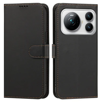  For Honor Magic9 5G Leather Case Wallet Stand Solid Color Anti Drop Phone Cover - Black