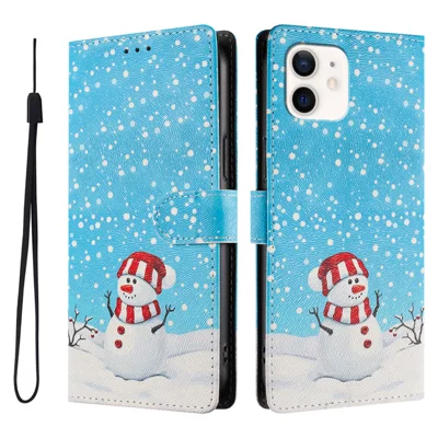  For iPhone 12 / iPhone 12 Pro Case Christmas Themed Pattern Printing PU Leather Wallet Phone Cover with Wrist Strap - Christmas Snowman