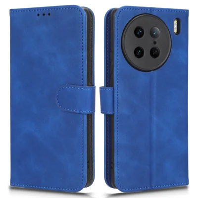 Drop-Proof Cell Phone Cover For vivo X90 Pro 5G Skin-Touch Feeling PU Leather Flip Wallet Case Stand - Blue