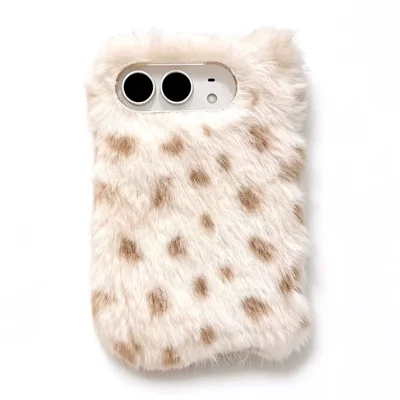 For iPhone Duo Case Totoro Spot Print Fur Plush PC Phone Cover -  Beige